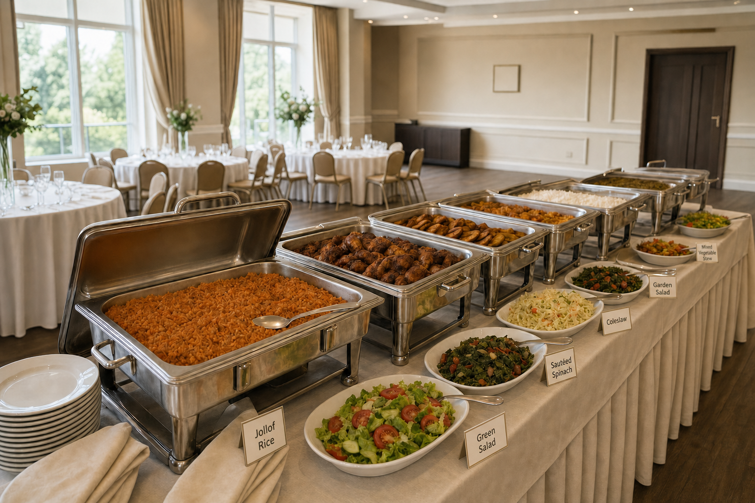 A buffet table with various dishes, including jollof rice and salads, set in an elegant dining room.
