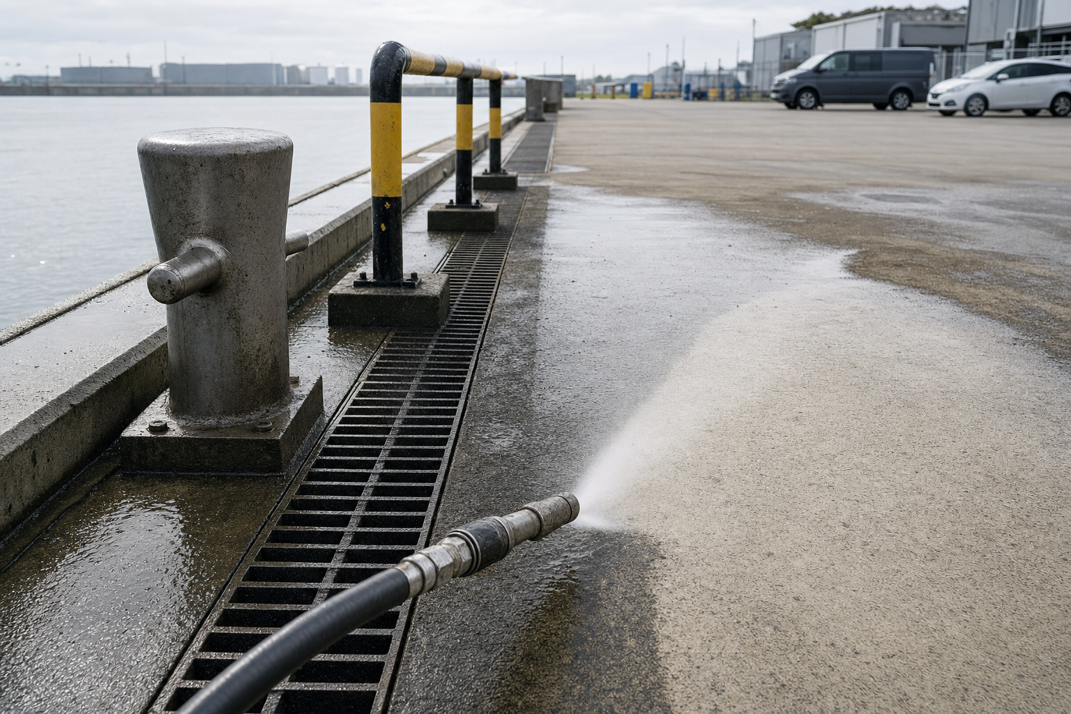 A hose sprays water onto a wet, industrial pier by the waterfront, with bollards and parked vehicles in the background.