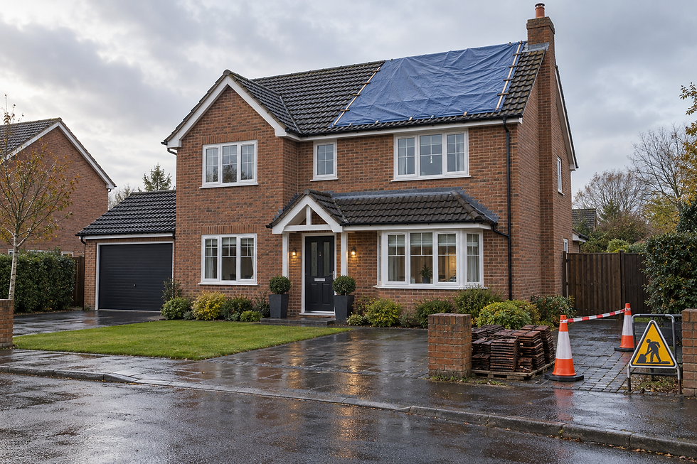 Brick house with a tarpaulin on the roof, surrounded by wet pavement, roadwork sign, and traffic cones in front.
