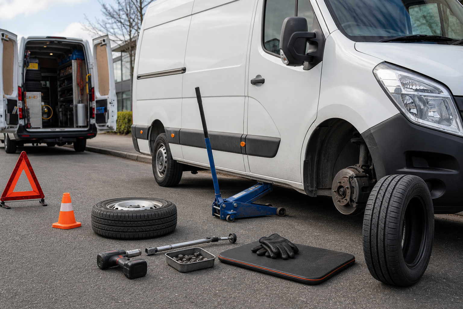 Van with tools for tyre change on the road, including a jack, wheel, and caution signs.