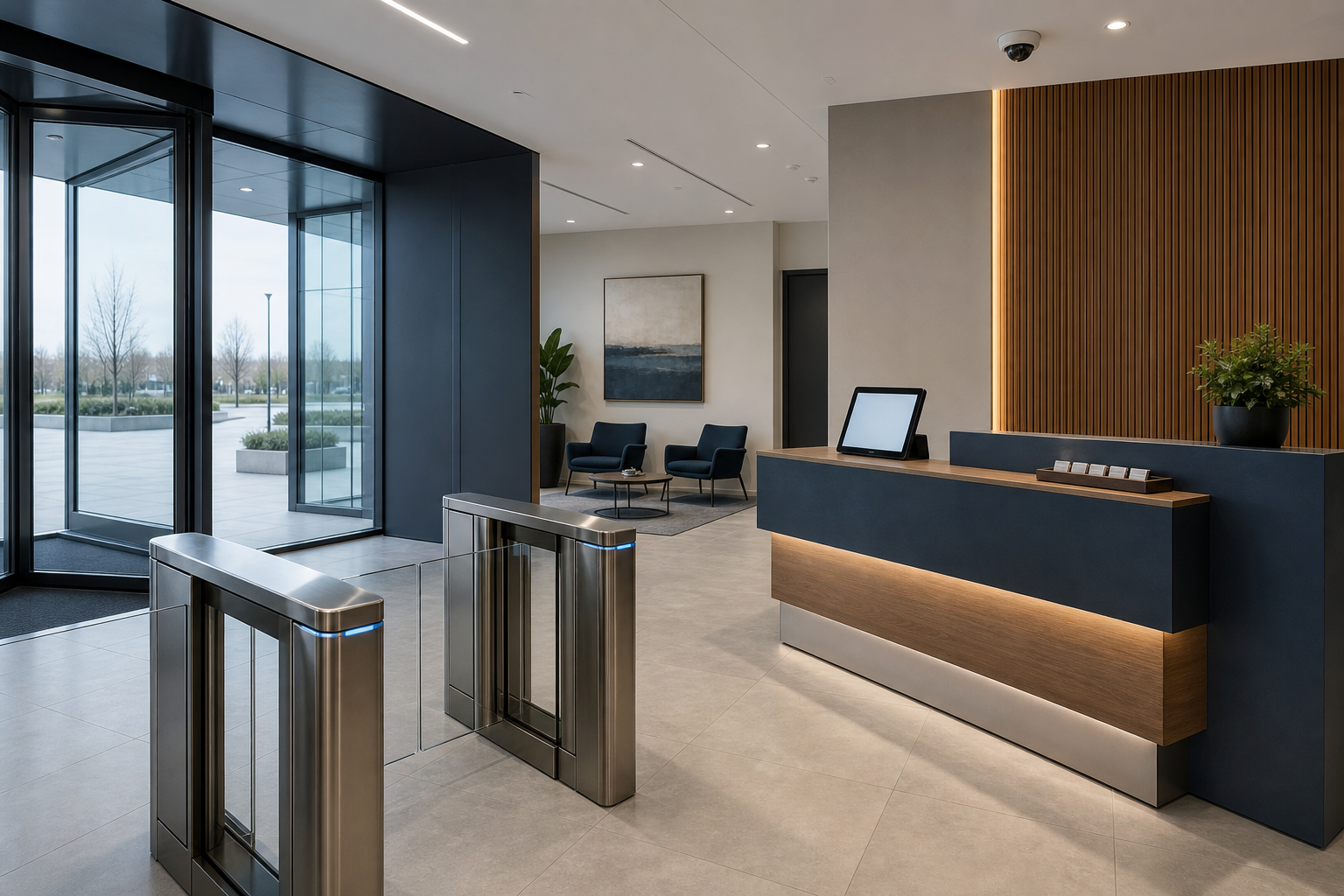 Modern office reception with a wooden desk, security gates, and seating area near glass entrance doors.