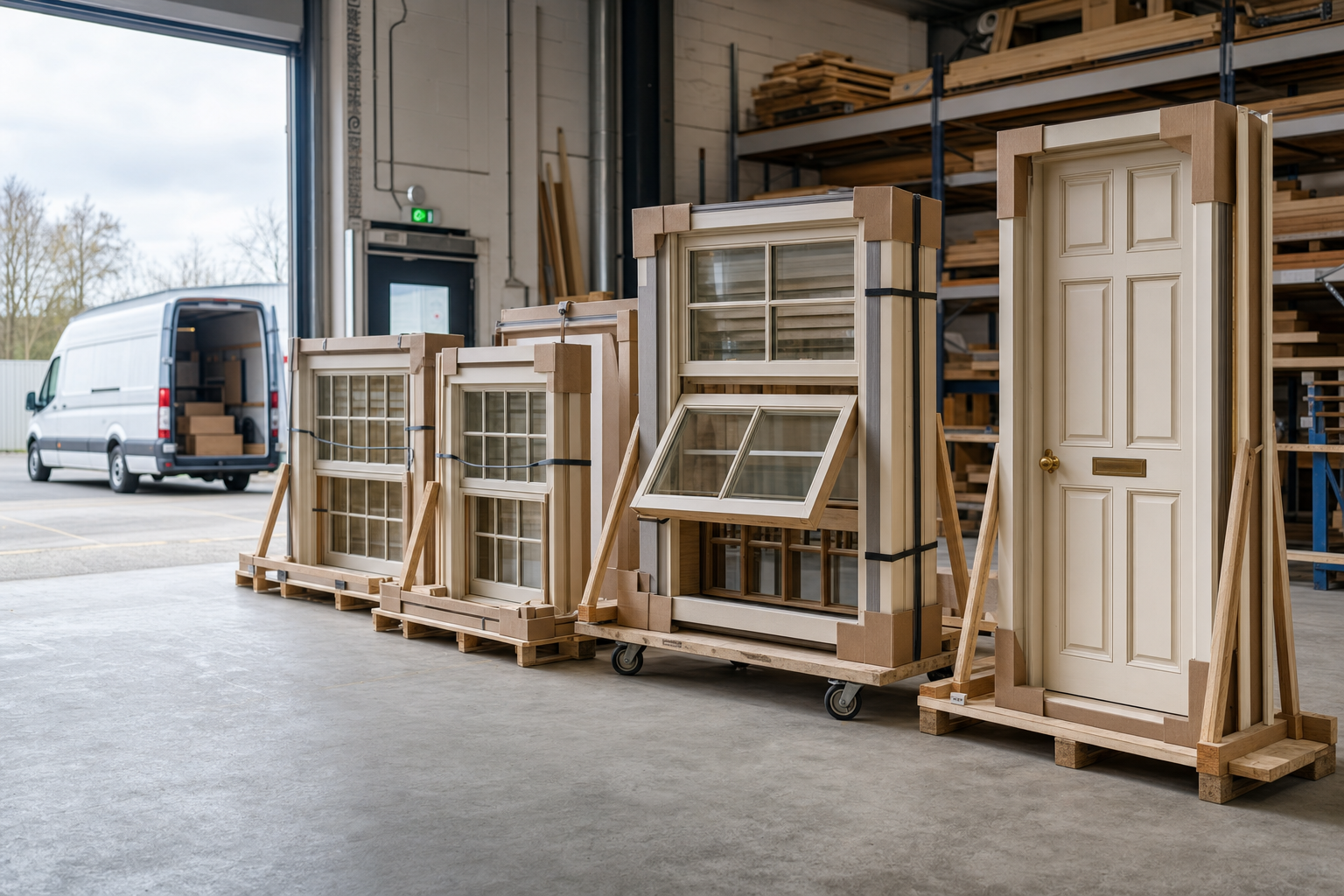 Wooden windows and a door packaged for delivery in a warehouse with a white van ready outside.