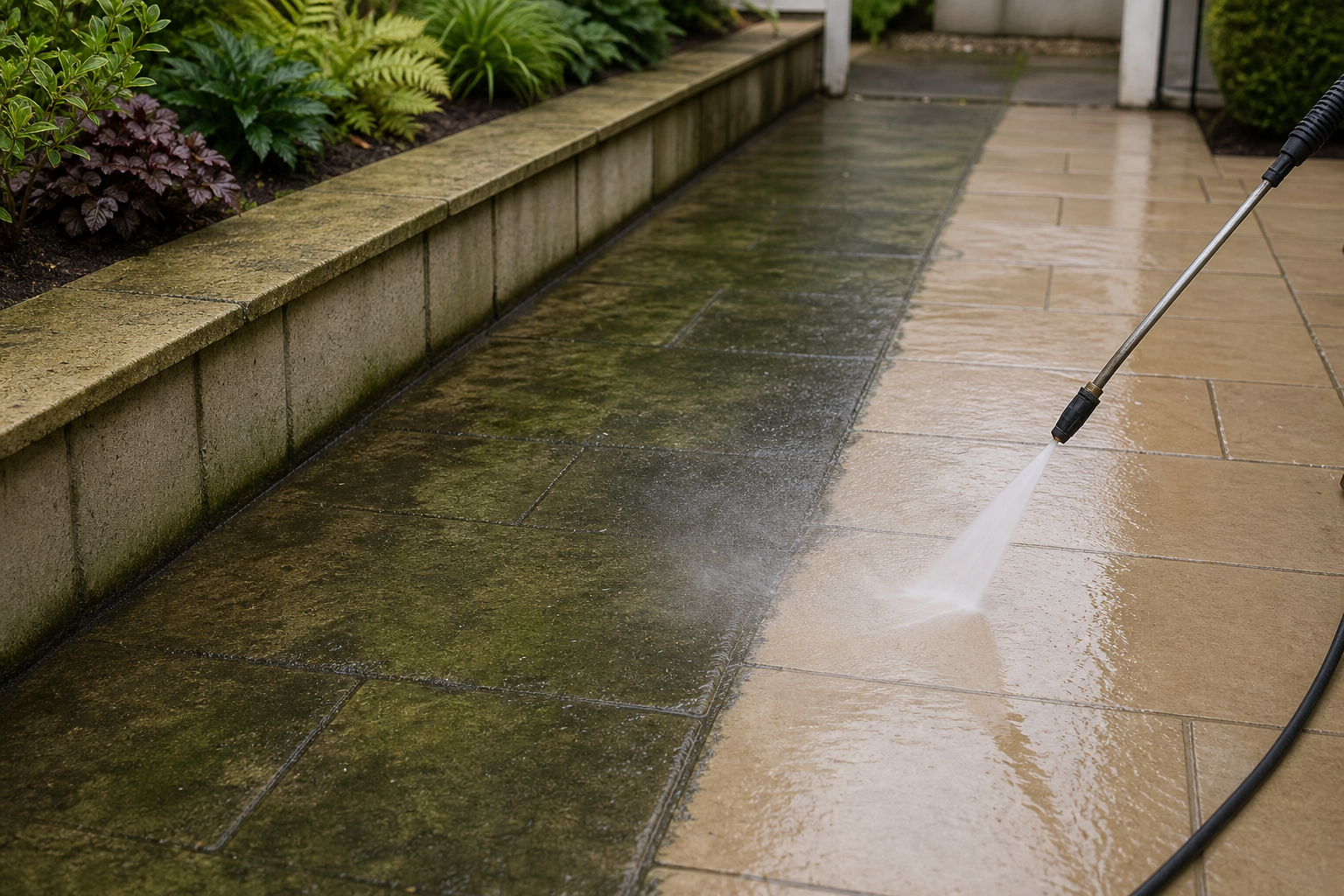 A pressure washer cleans a mossy stone path next to a landscaped garden bed.