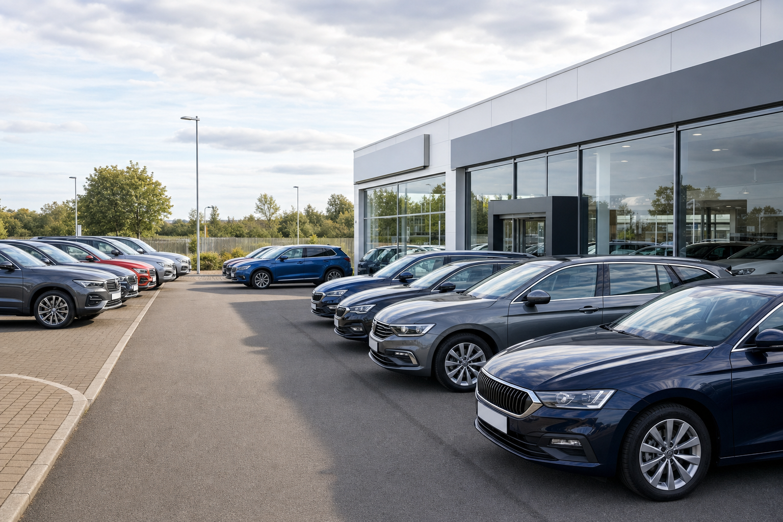 Line of new cars parked outside a modern dealership on a clear day.