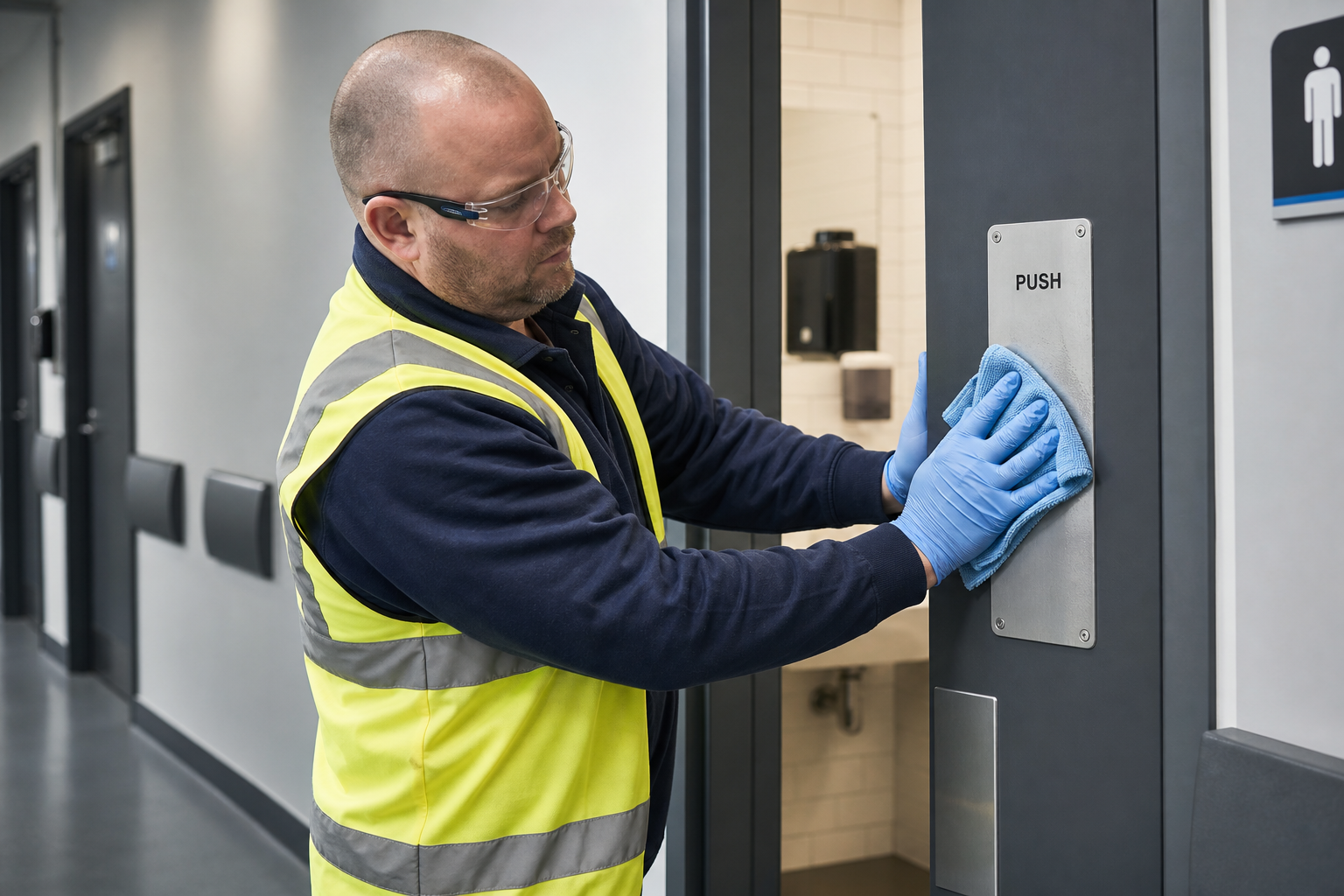A man in a high-visibility vest and gloves cleans a restroom door push plate with a cloth.