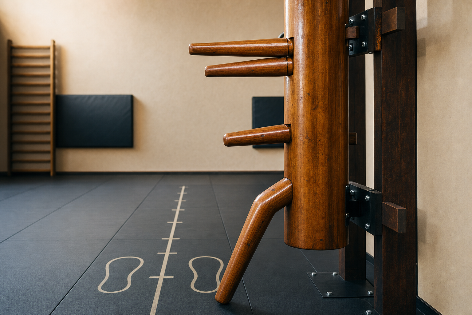 Wooden Wing Chun dummy in a training room with exercise markings on the floor.