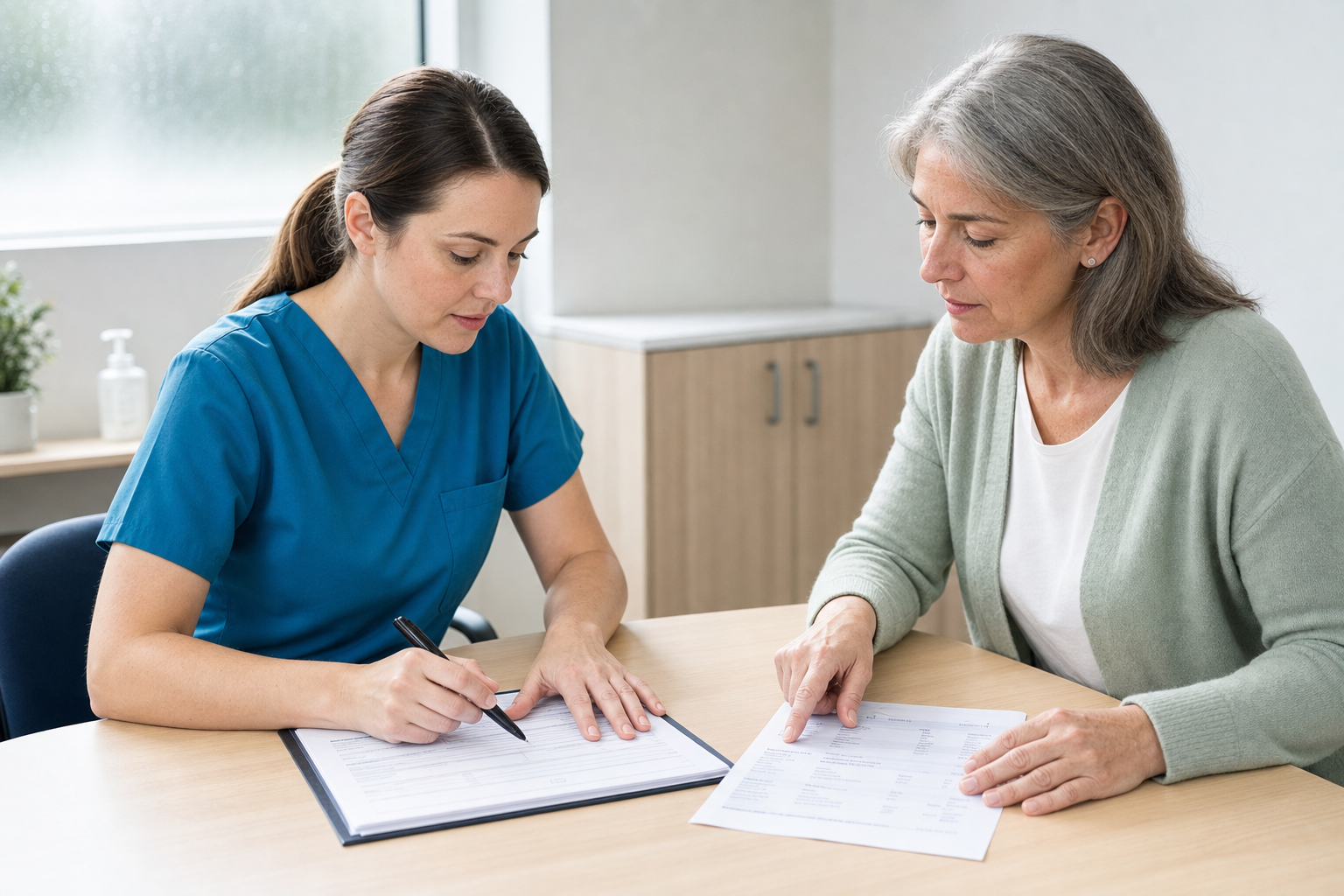 A healthcare professional discusses medical forms with a patient at a desk.