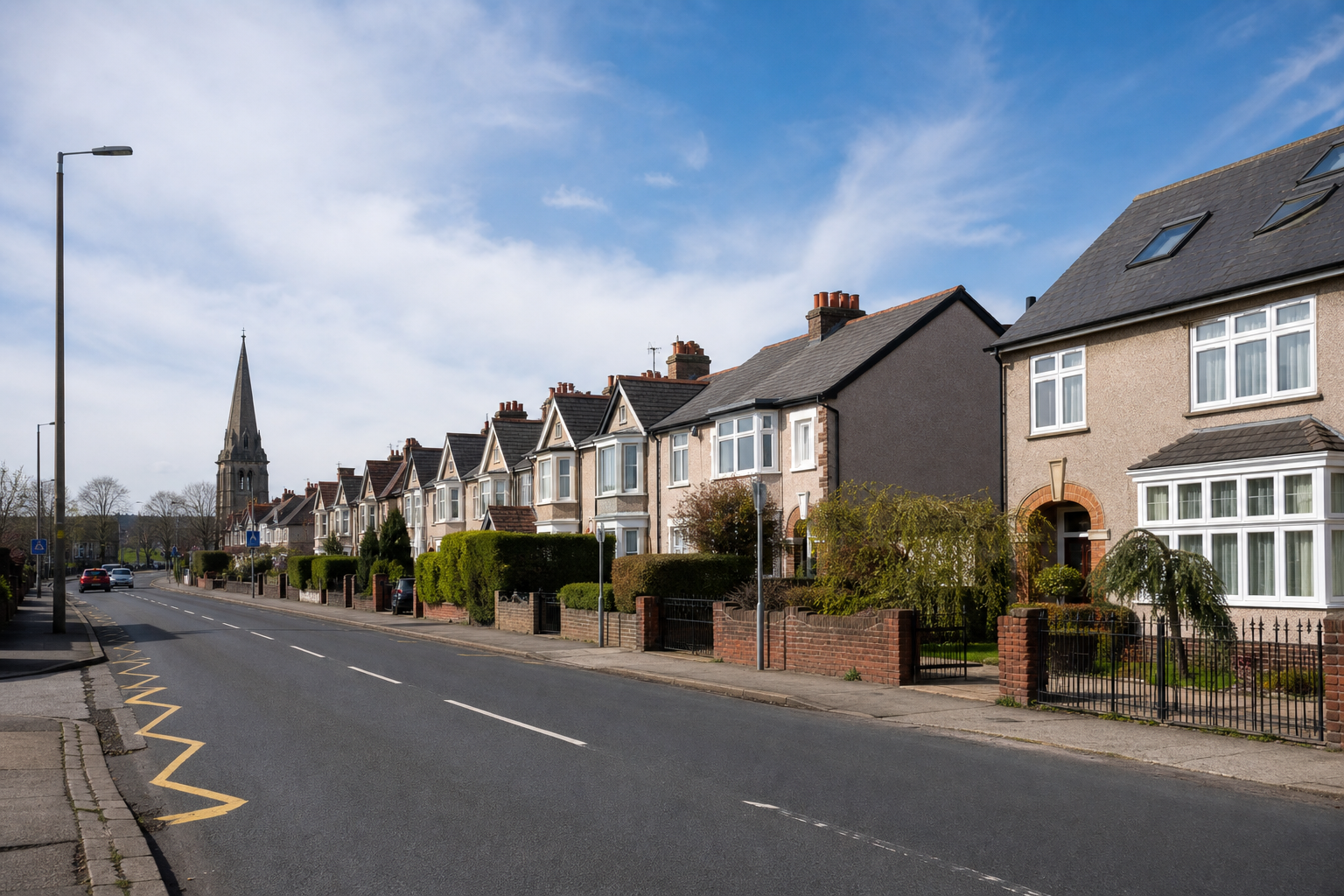 Row of suburban houses along a street with a church spire in the background.