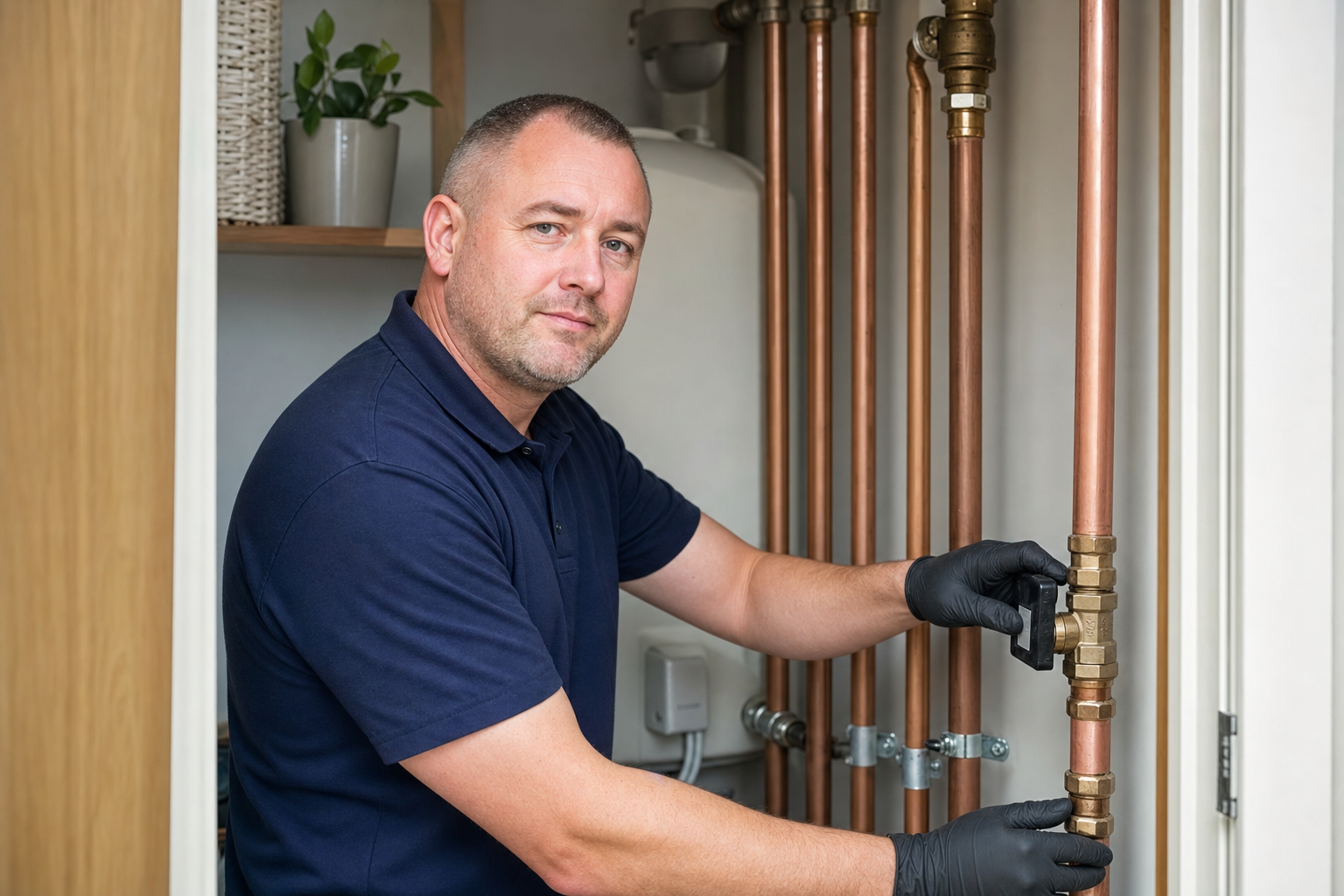 A plumber in a blue shirt adjusts copper pipes in a kitchen cupboard.