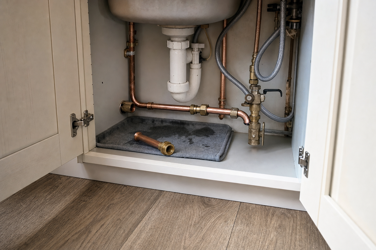 Under-sink cabinet with exposed copper pipes, a valve, and a water tray on a wooden floor.