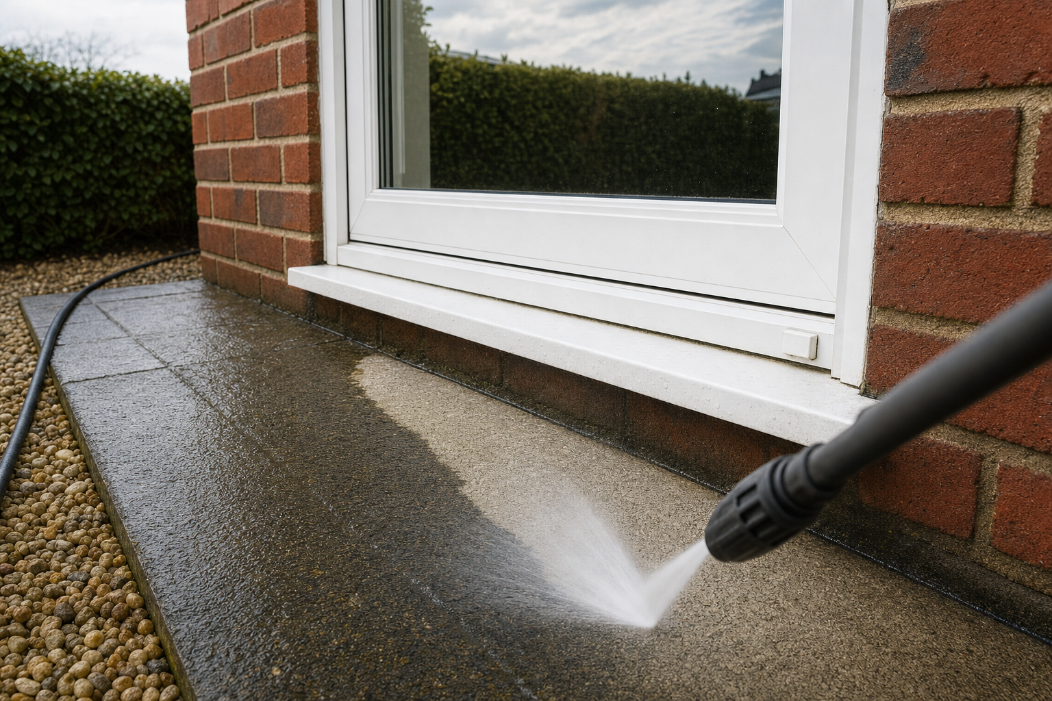 A pressure washer cleans a patio next to a brick house with a white door.