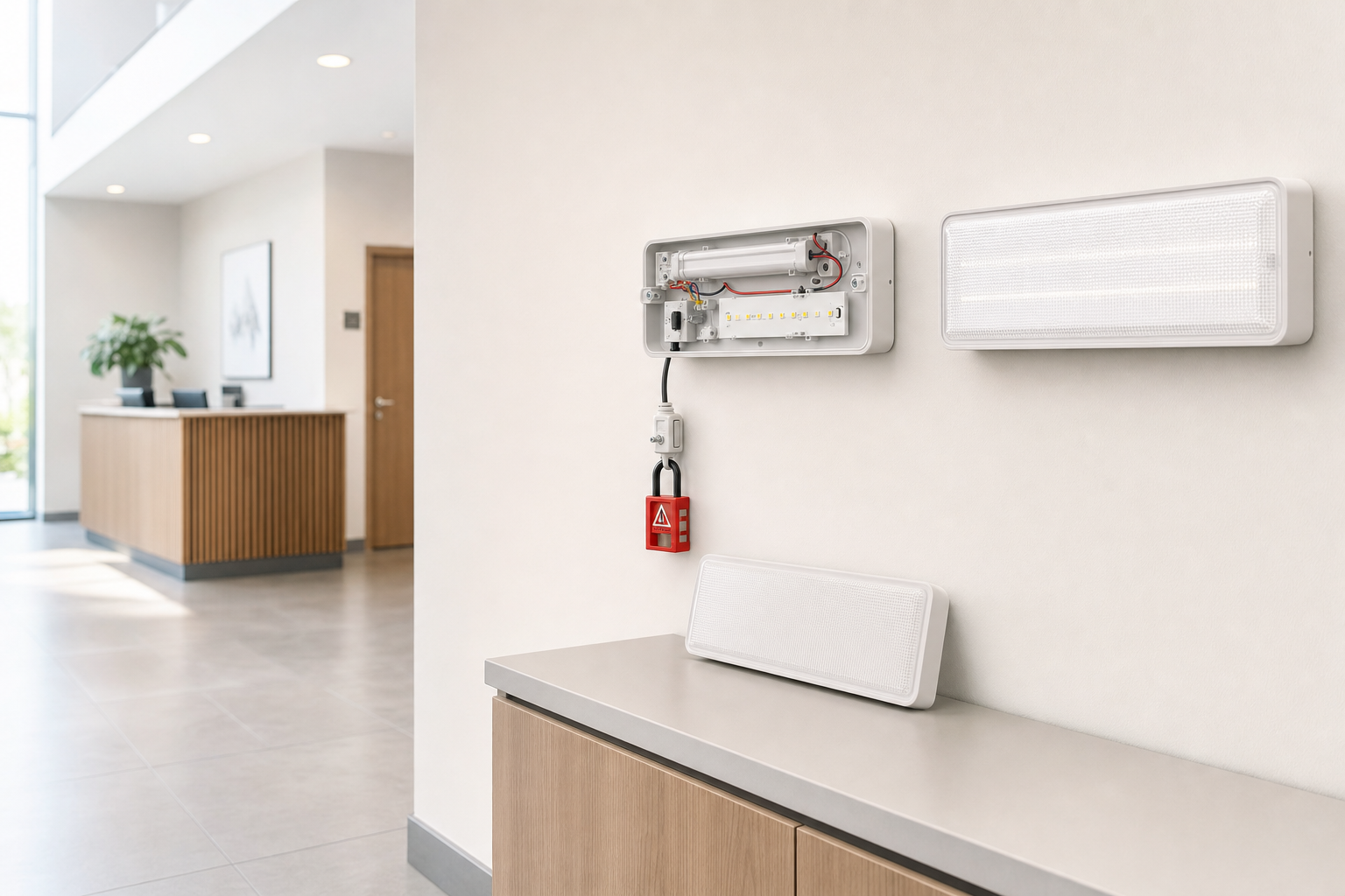 An open emergency light exposing internal wiring is mounted on a white wall in a modern office setting.