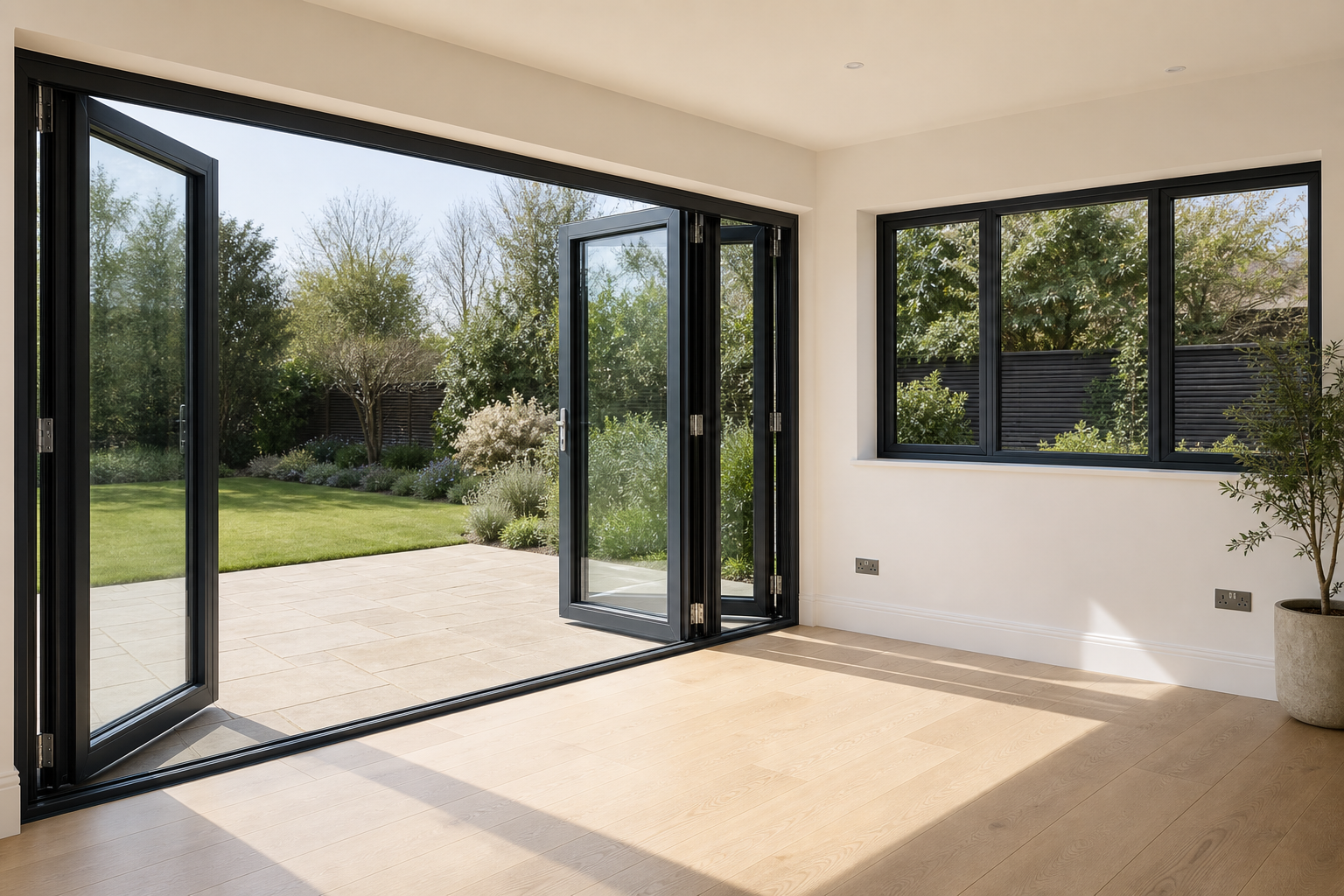 Open folding glass doors leading from a bright room to a garden patio.