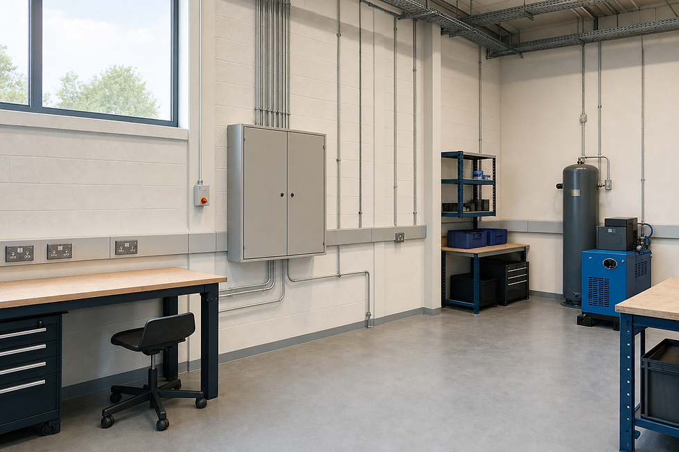 A spacious and organised industrial workshop with workbenches, storage shelves, and a large metal tank.