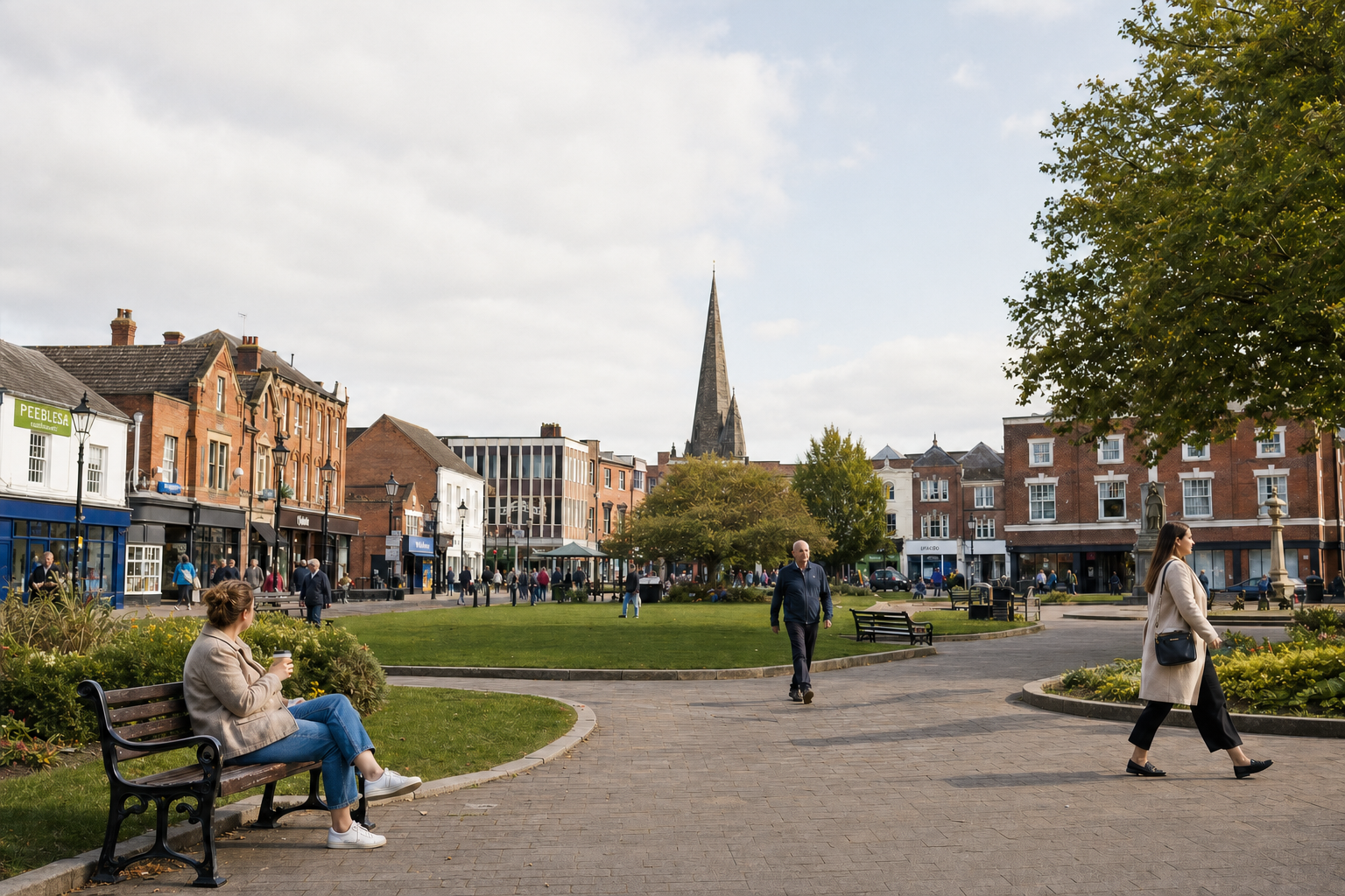 A woman sits on a park bench with a coffee, observing people walking in a bustling town square with a church spire in view.