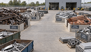 Recycling facility yard with sorted piles of scrap metals, including steel, aluminium, and copper, under a cloudy sky.