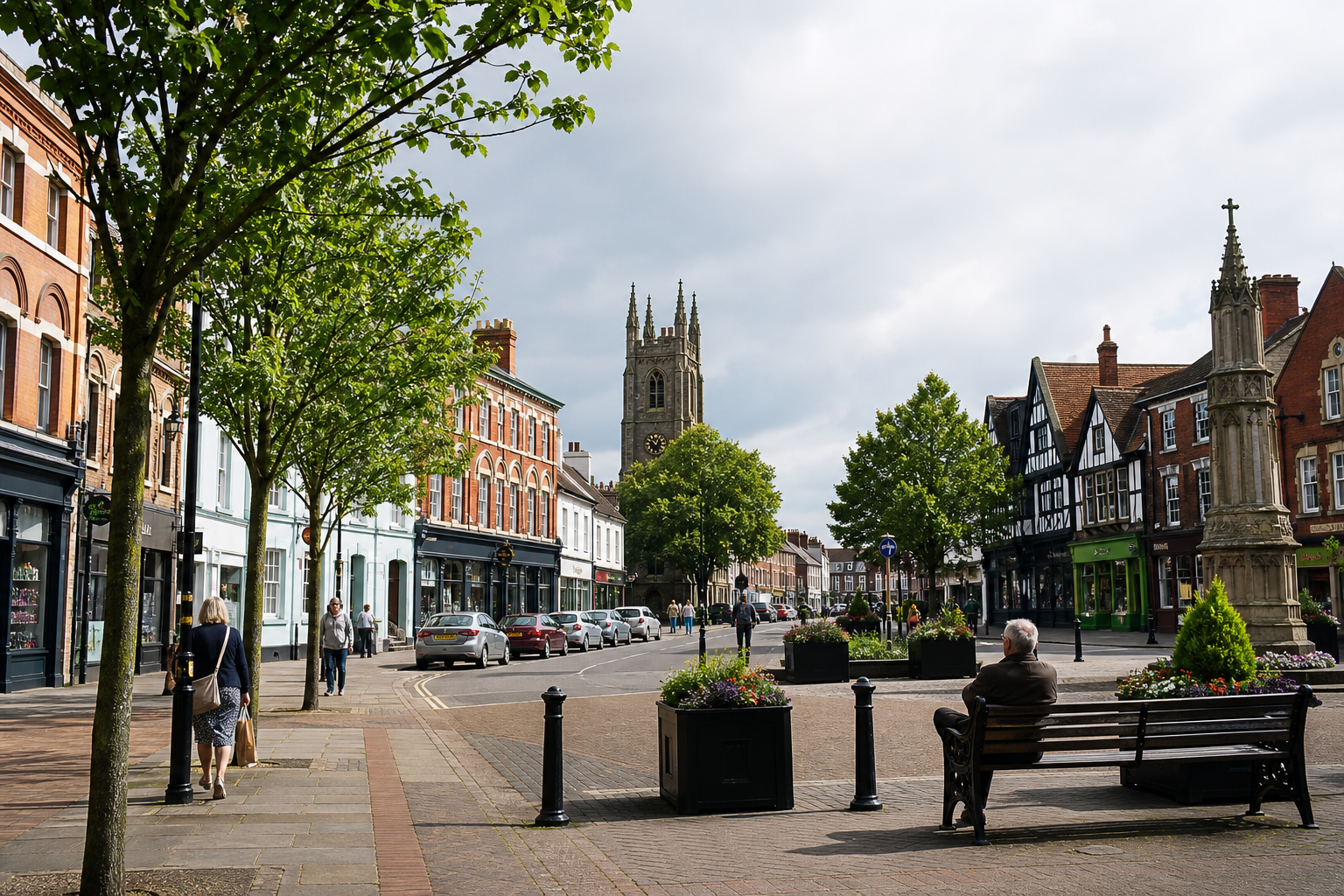 A pedestrian-friendly street lined with historic buildings and a church tower, featuring a bench with a seated man in the foreground.