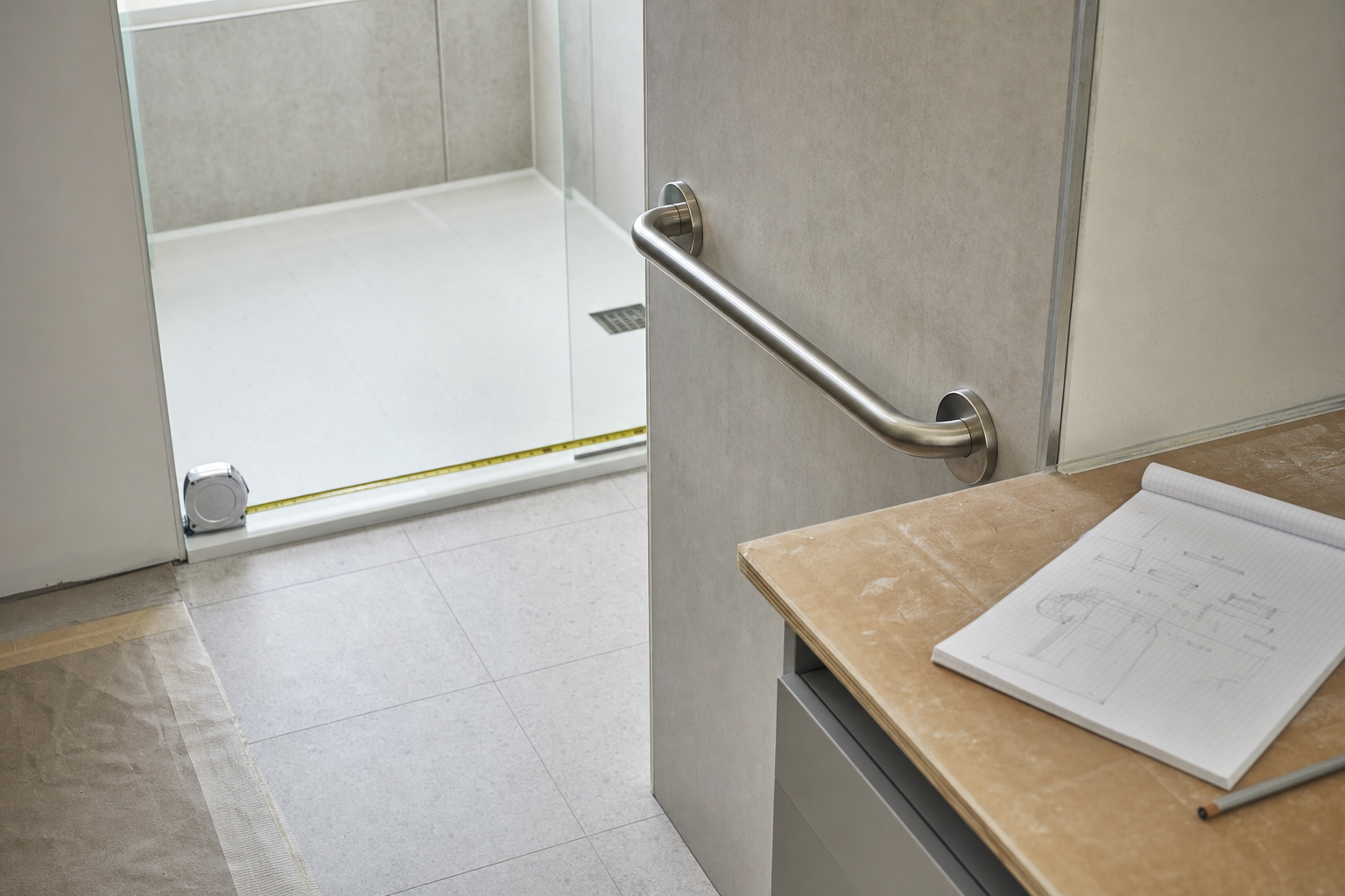 An accessible bathroom with a grab rail and a design plan on a counter nearby.