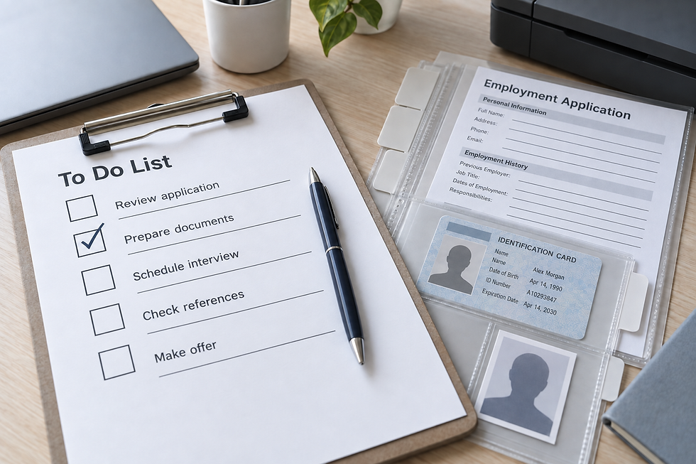 To-do list and application documents on a desk with a completed task checked off.