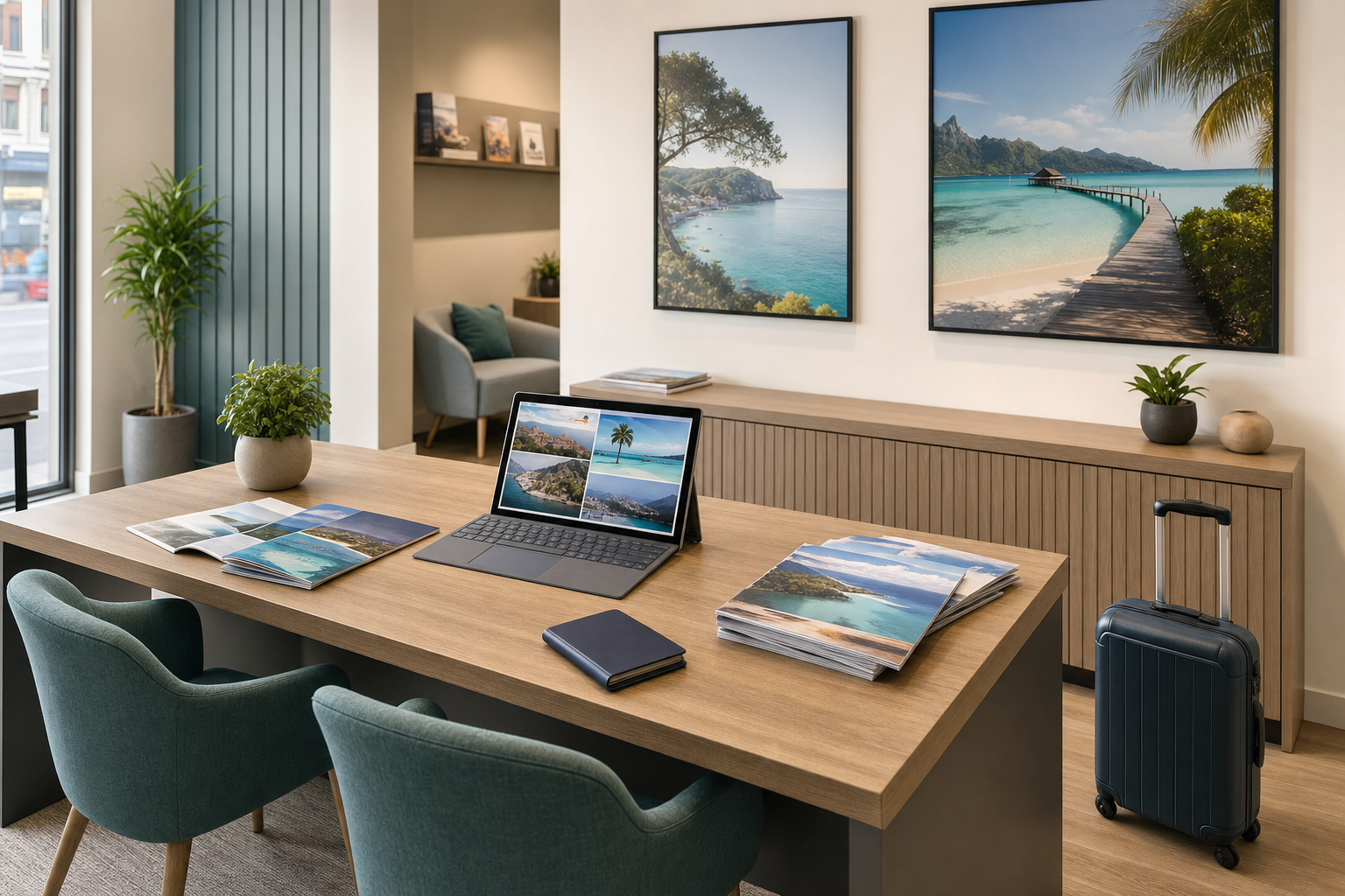 Travel agency office with a laptop, brochures on a desk, tropical landscape artwork, and a suitcase nearby.