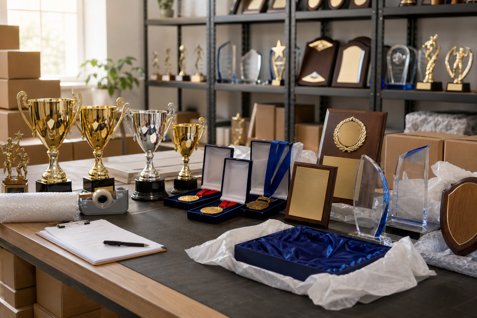Awards and trophies displayed on a table with shelves of more awards in the background.