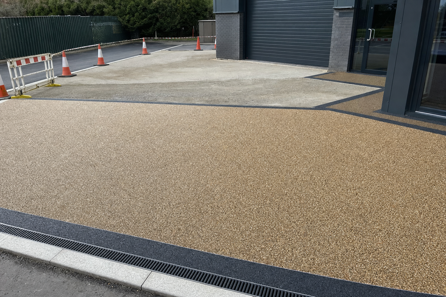 Newly laid tan and black resin driveway outside a modern building with traffic cones on the perimeter.