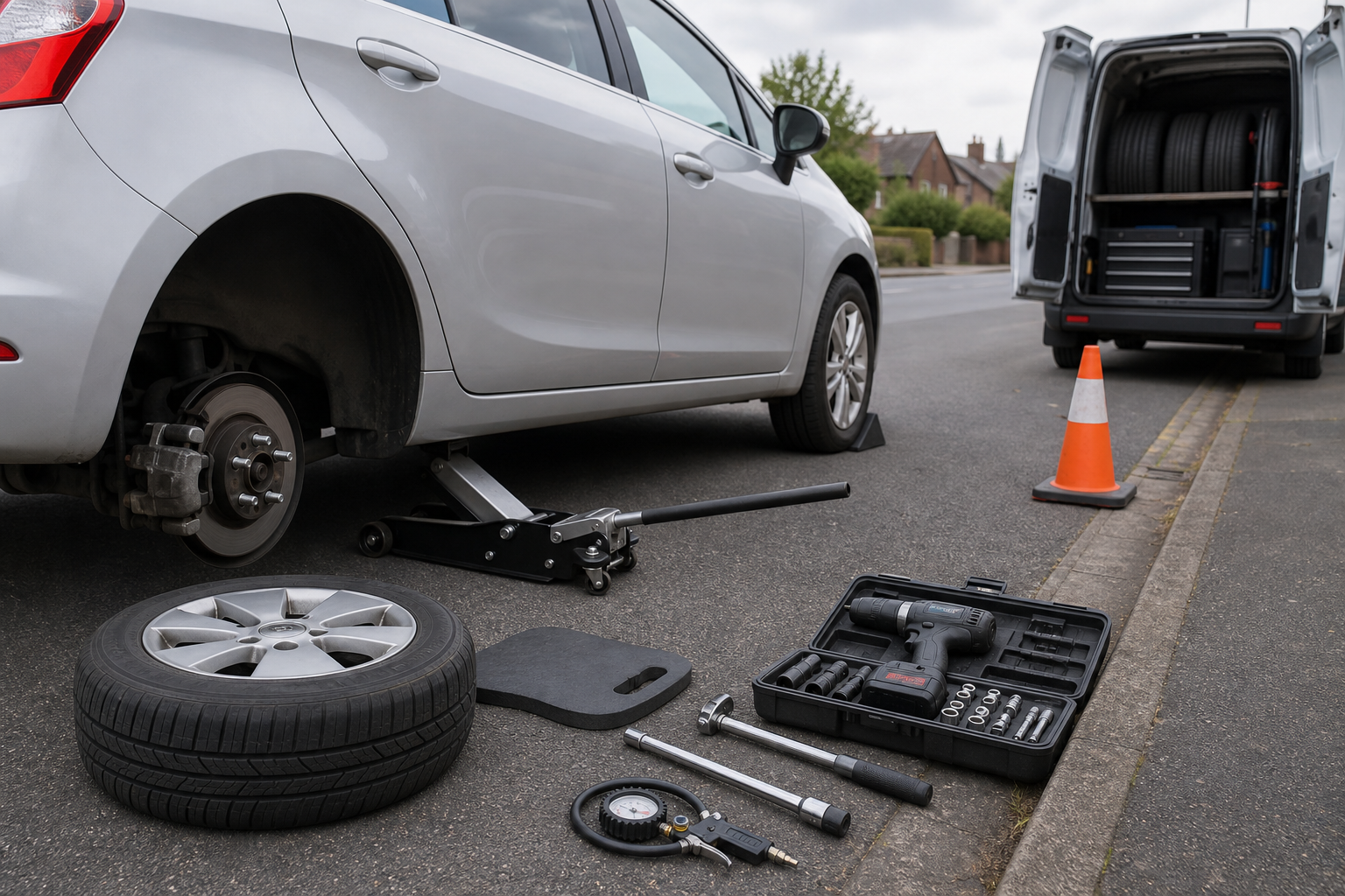 Car with removed wheel on a jack, surrounded by tools and an open van nearby.