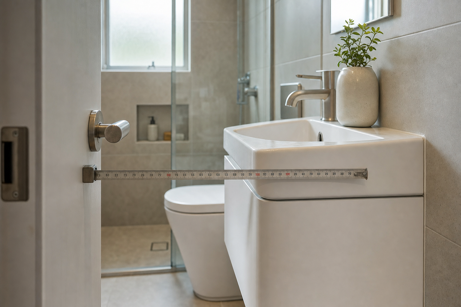 A bathroom door measured for clearance, with a ruler spanning to a white sink beside a toilet and plant.