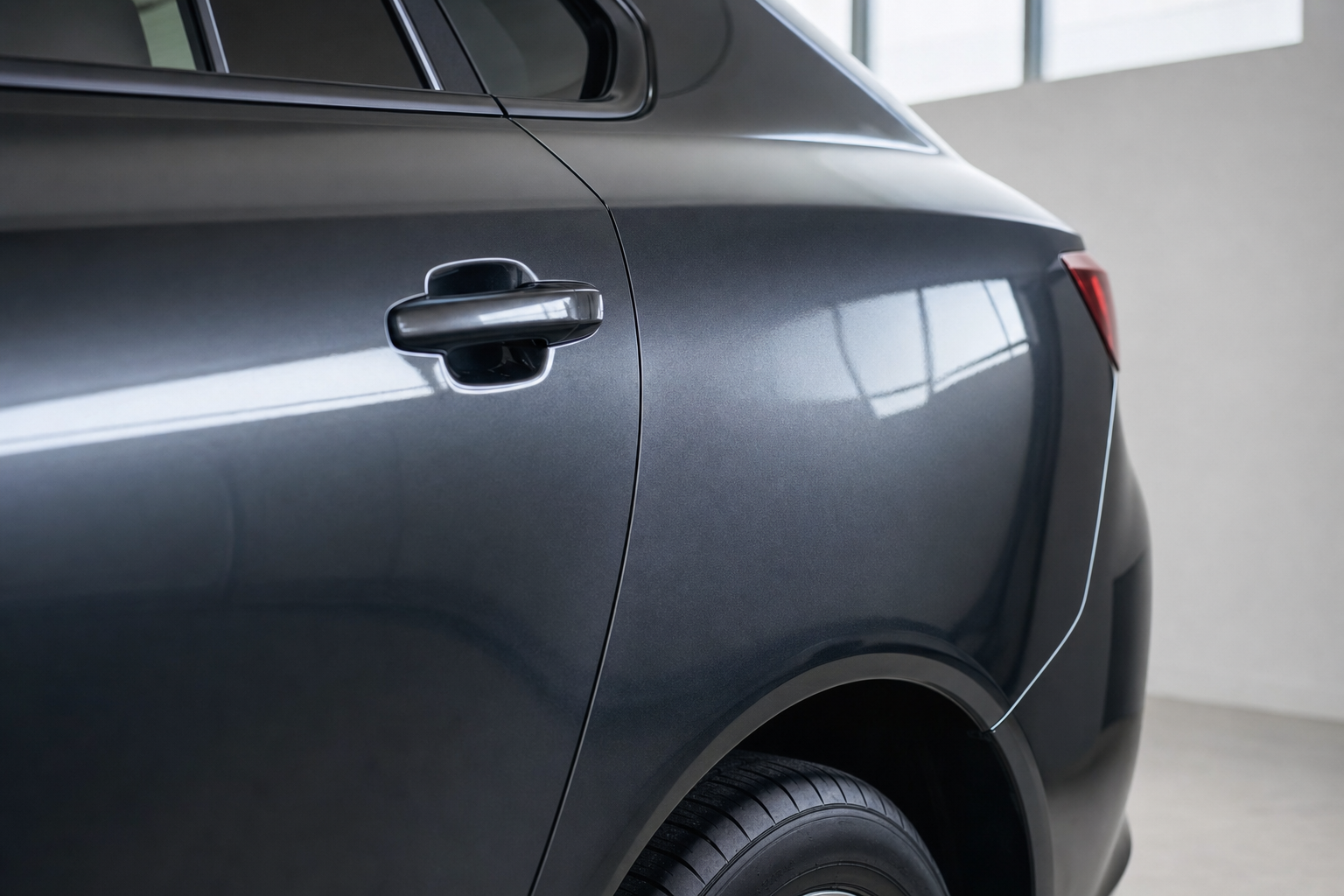 Close-up of a dark grey car's rear door and wheel, reflecting light from a nearby window.