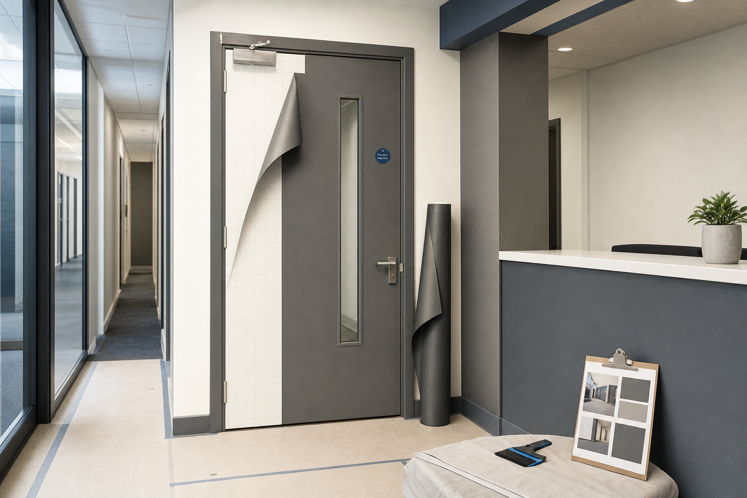 Modern office corridor with a unique door design featuring a peeled back section revealing grid lines, next to a reception area.