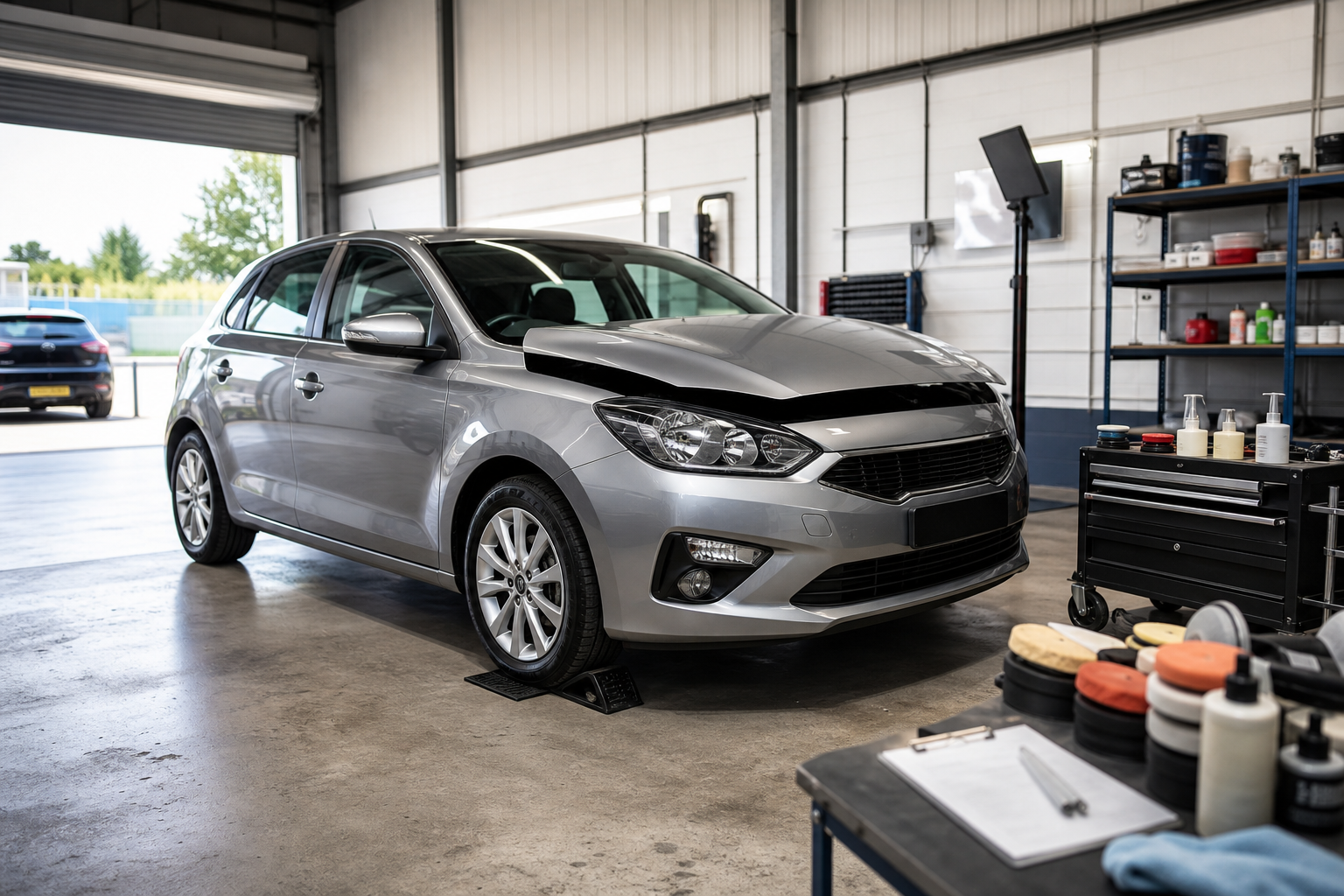 Silver car in a garage with the hood slightly open, surrounded by repair tools and shelves.