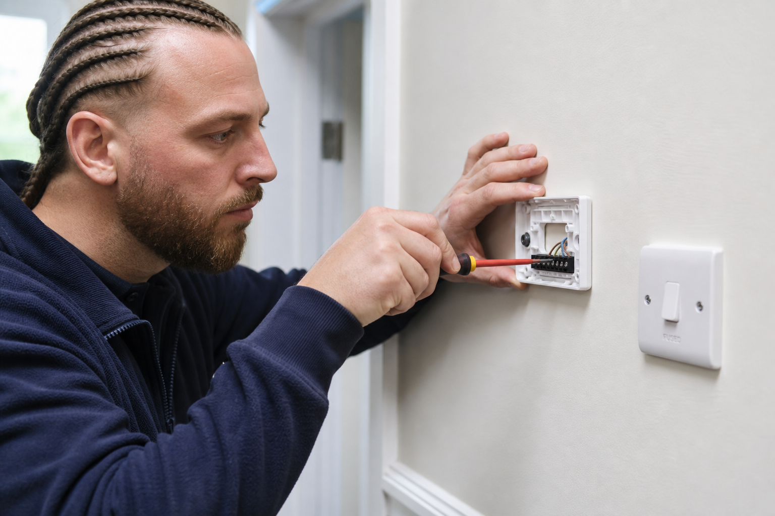 Man using a screwdriver to fix or install a wall switch plate.