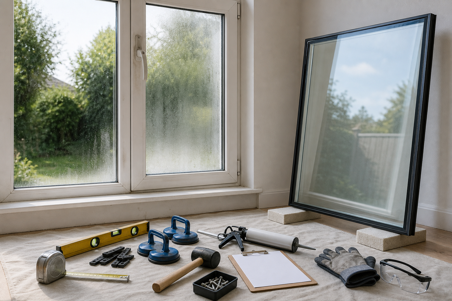 Tools and replacement window glass set up for installation in a room.
