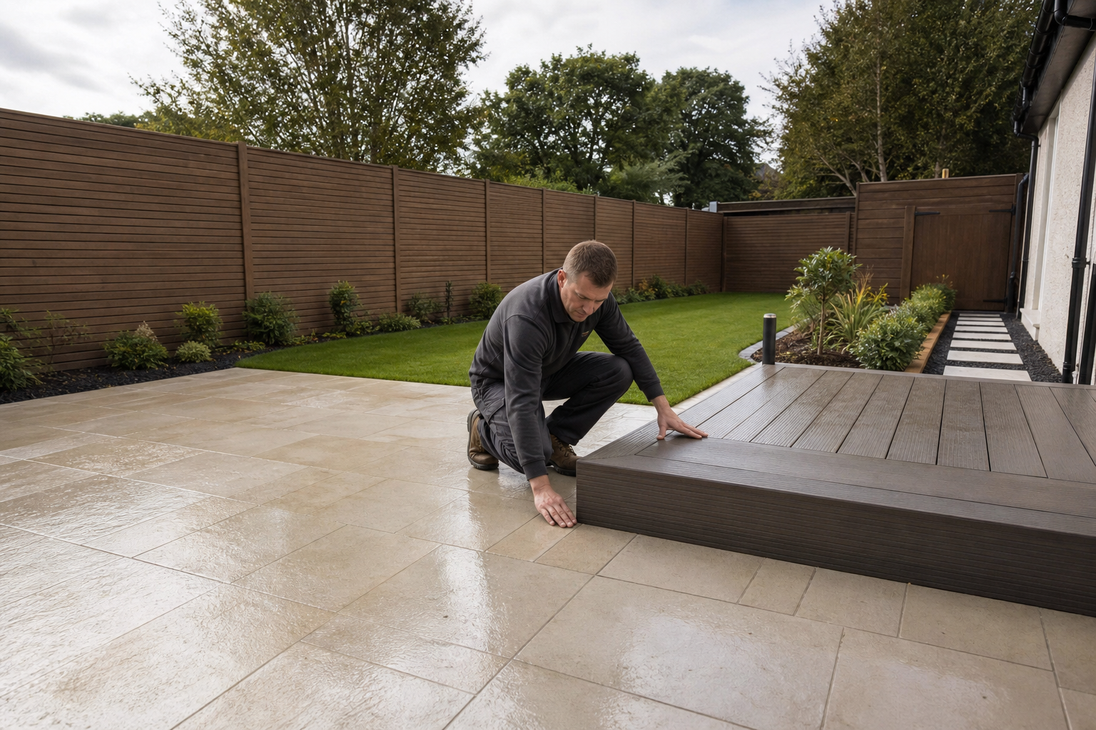 A man in work clothes inspects a wooden deck in a landscaped garden with a wet tile patio.