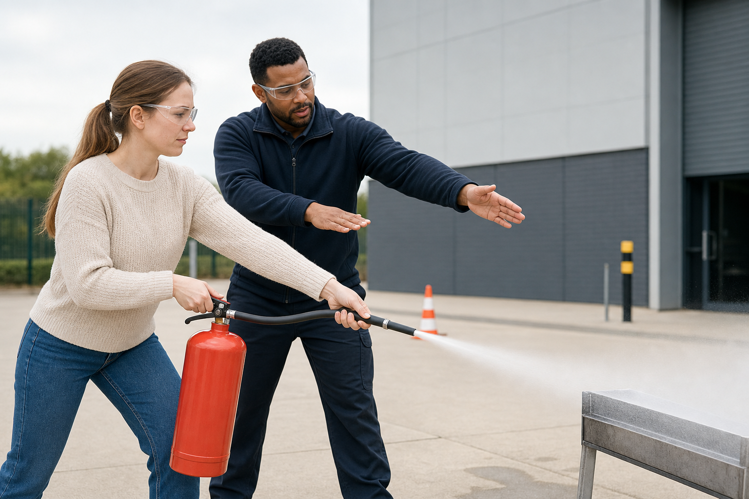 A woman practices using a fire extinguisher with guidance from an instructor outside a building.