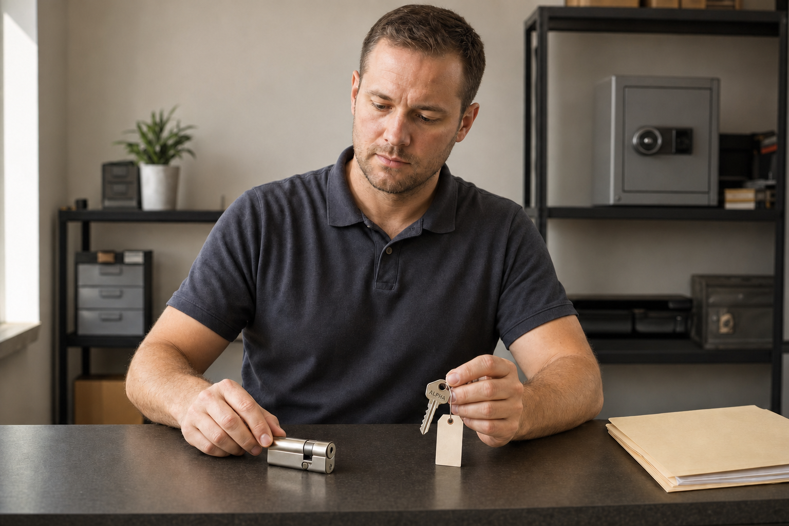 Man examining a lock cylinder and key tag at a workstation with a safe in the background.