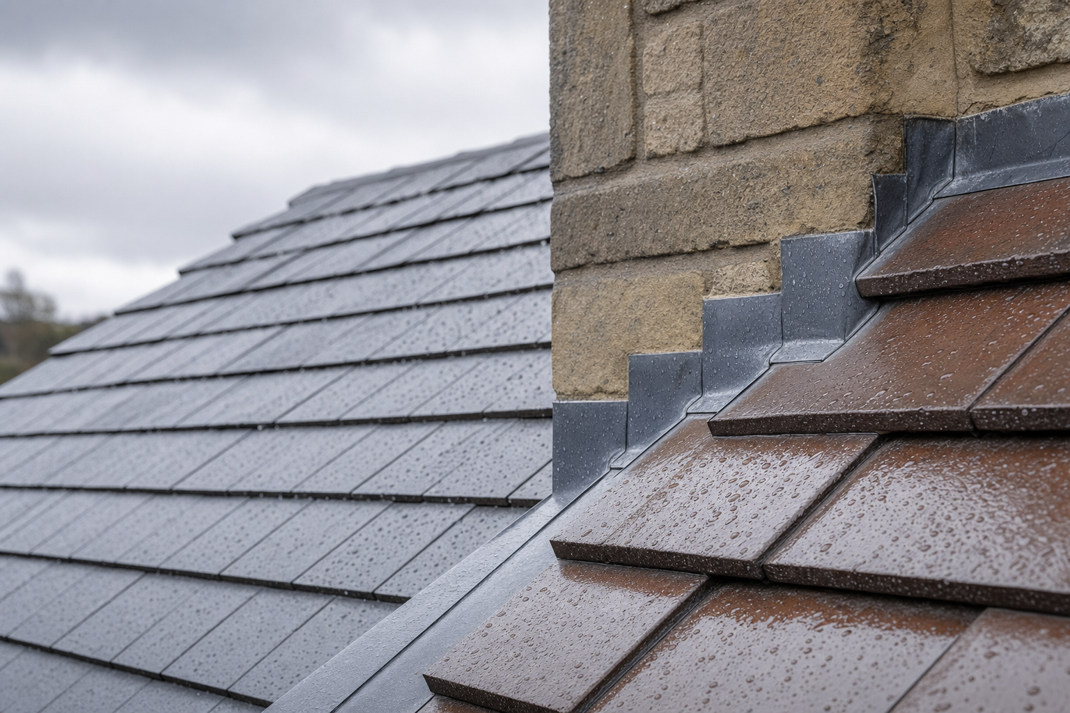 Two tiled roofs with rain droplets meet at a chimney with lead flashing.