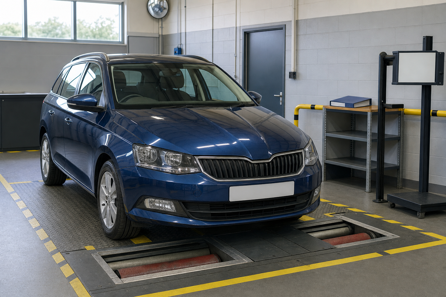 Blue estate car on a rolling road in a vehicle testing facility.