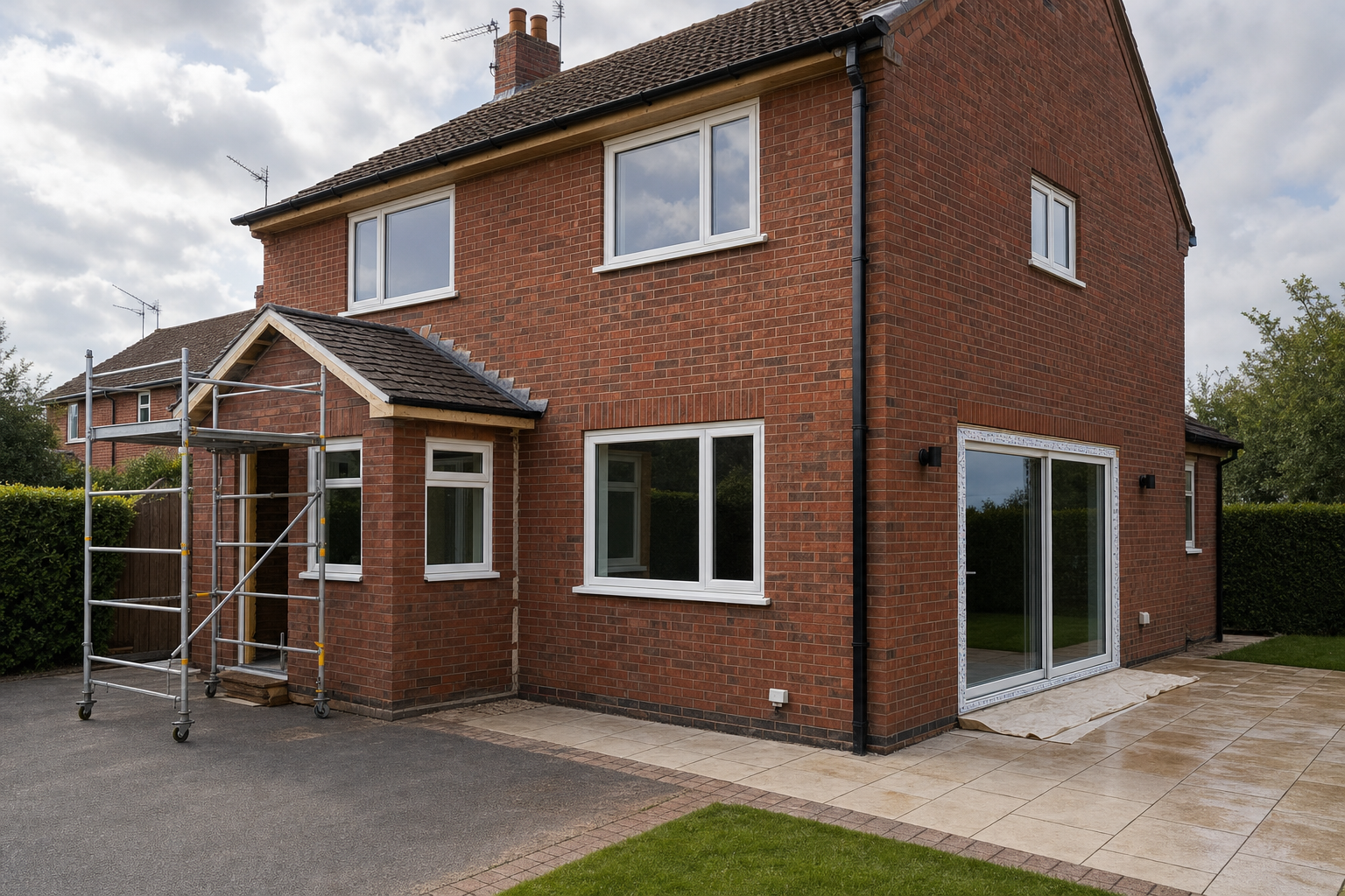 A red brick house with a scaffold on the porch and a newly installed sliding glass door.