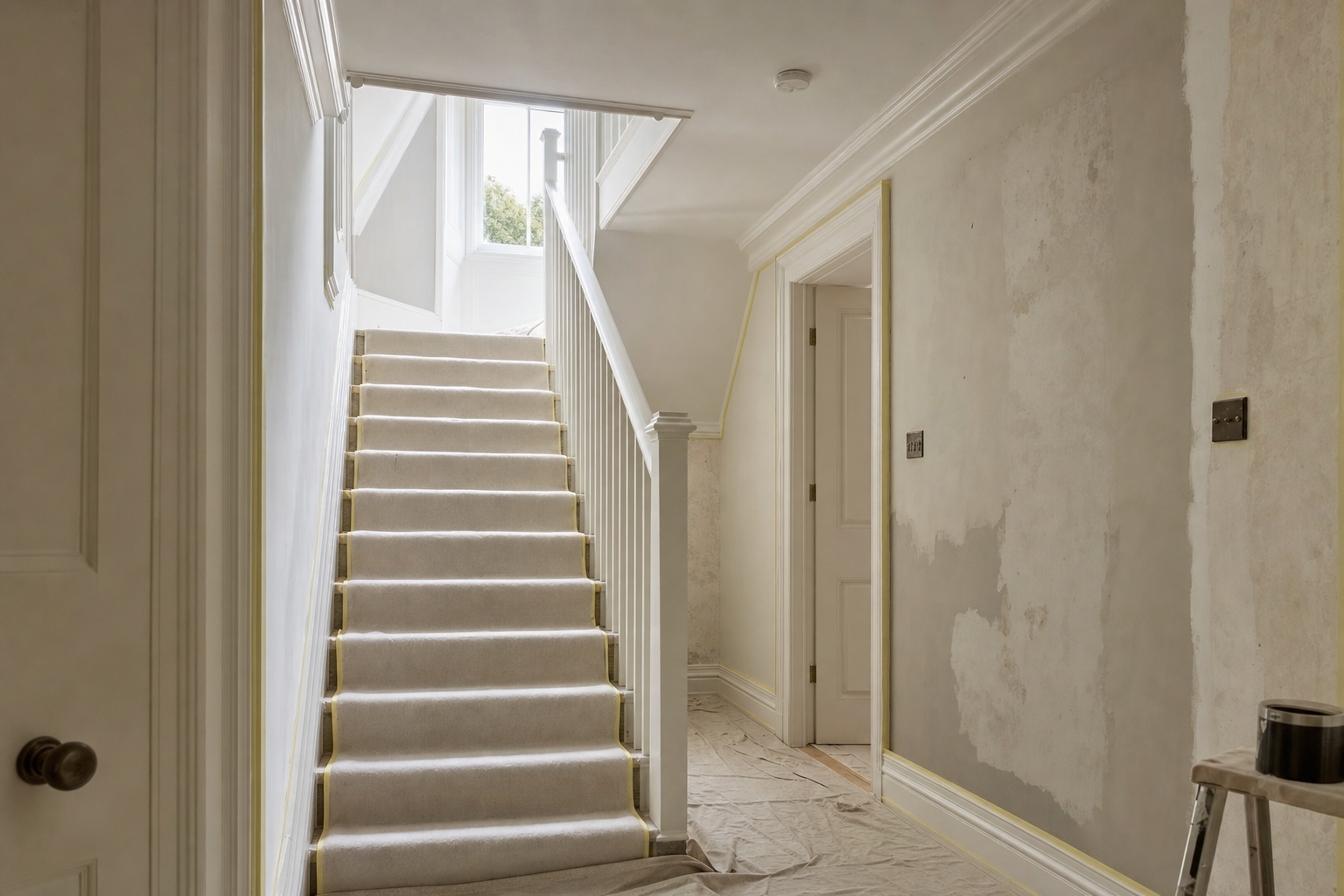 Carpeted staircase under renovation with walls stripped of wallpaper and a paint tin on a step stool.