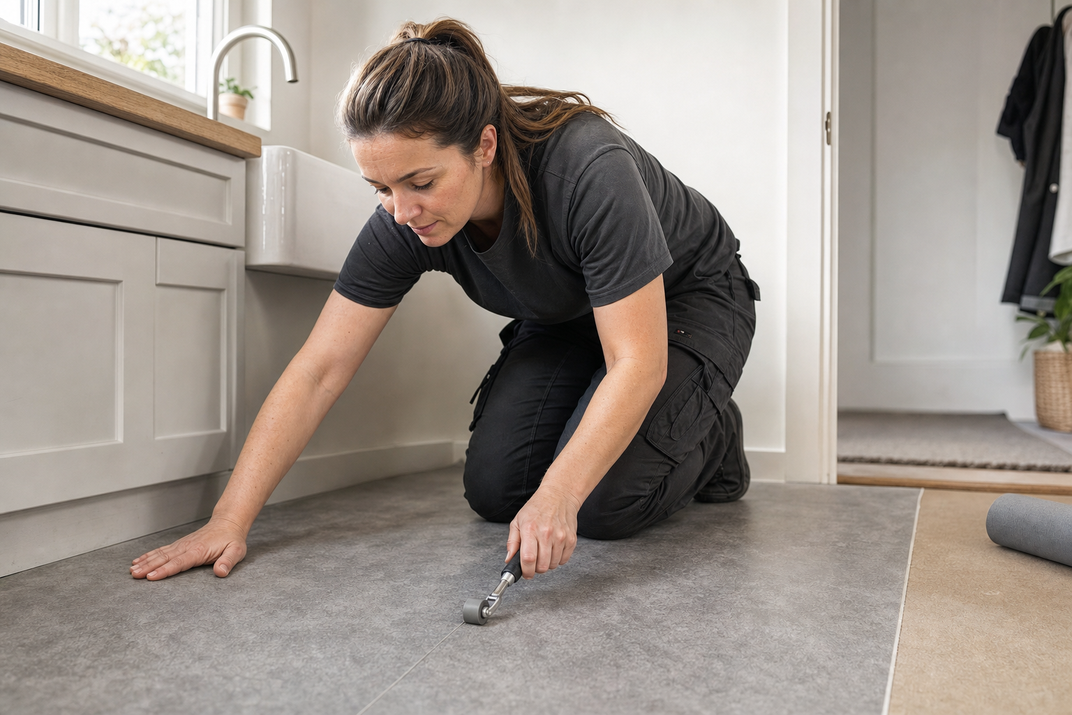 Woman installing flooring in a kitchen using a seam roller.