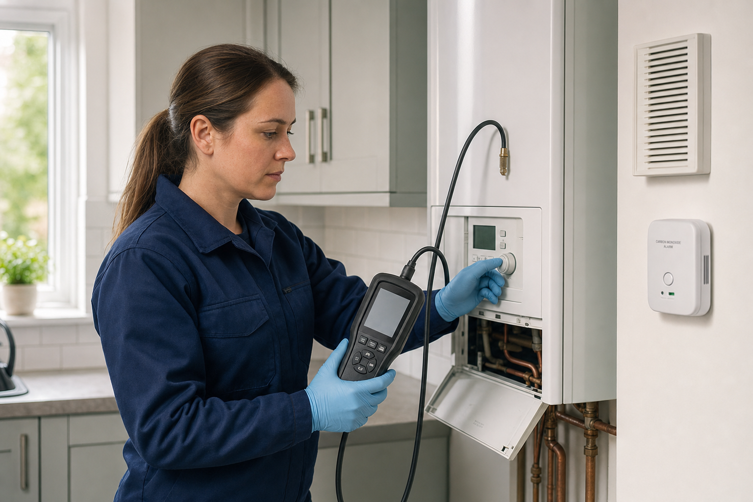 An engineer in blue overalls inspects a domestic boiler using diagnostic equipment in a kitchen setting.