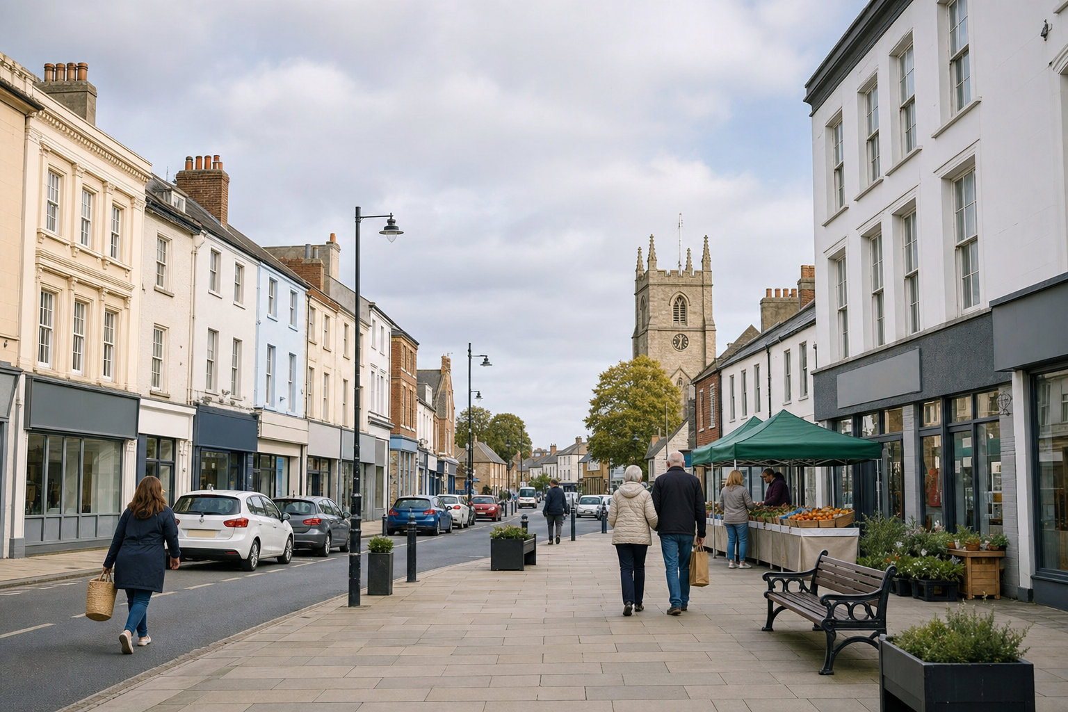 People walking along a quaint British high street with a church tower in the background and market stalls on the pavement.