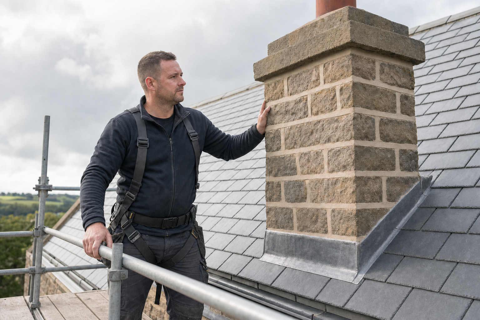 Roofer in a harness inspecting a brick chimney on a slate roof, standing on scaffolding.