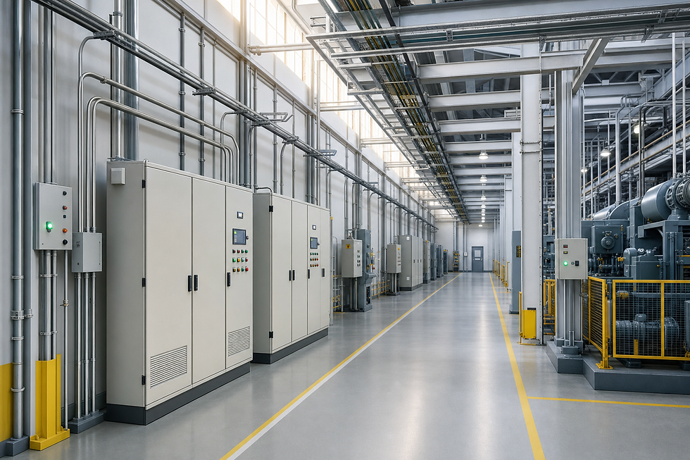 A modern industrial facility with control panels and machinery, brightly lit and organised with overhead pipes and cables.