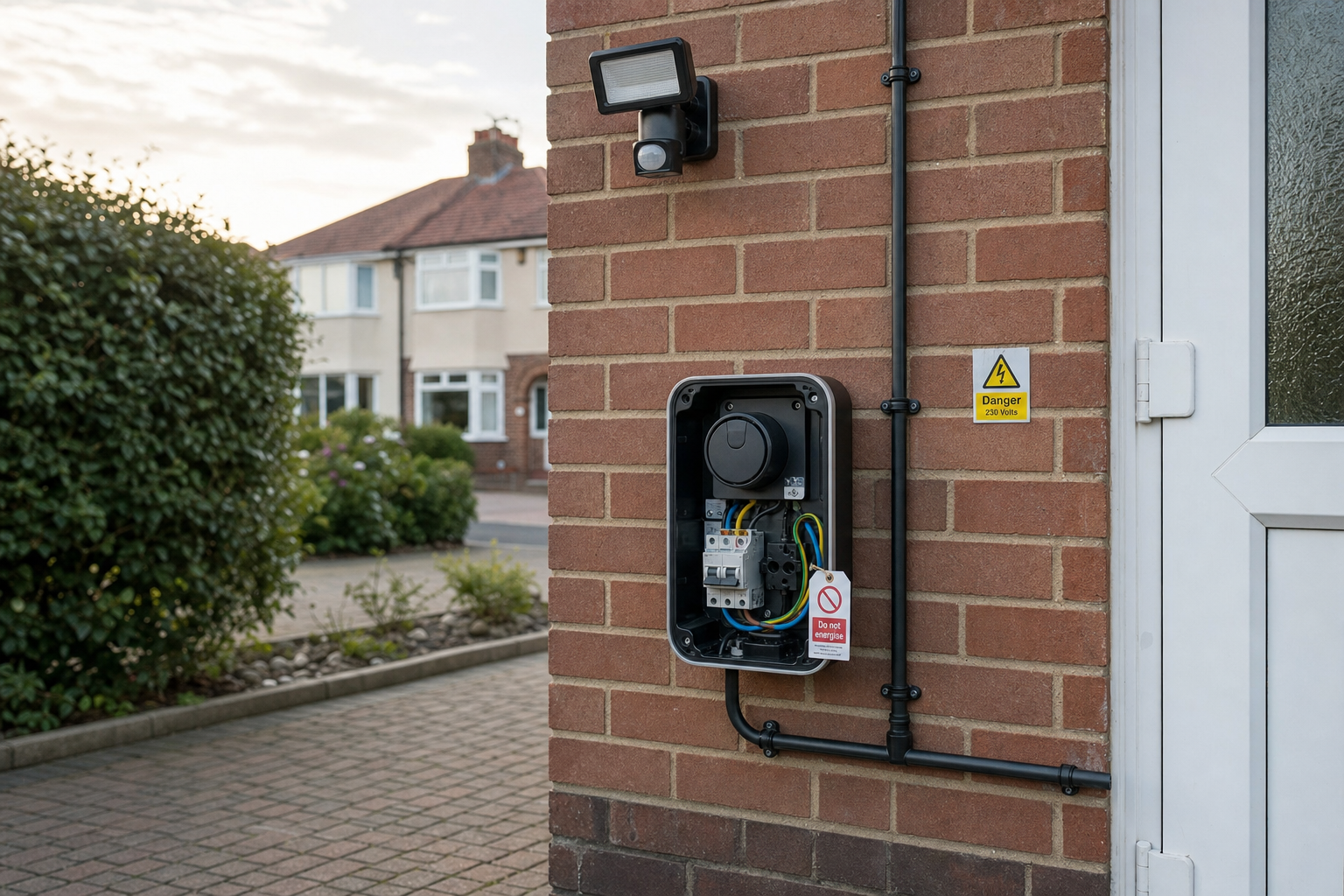 Electric meter box on a brick wall with a warning sign and motion-activated light above.