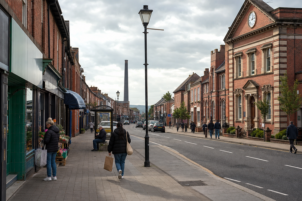 People walking along a quaint street lined with red brick buildings and a towering chimney in the distance.