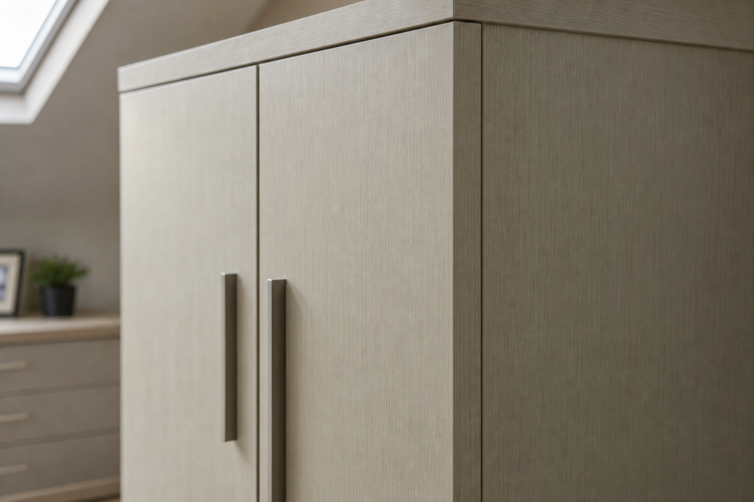 Close-up of a beige wardrobe with metal handles, set beside a sunlit window and a potted plant.