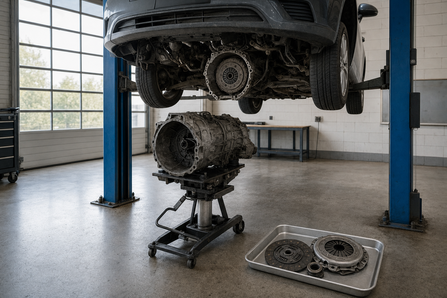 A car is elevated in a garage with its transmission removed on a stand below.