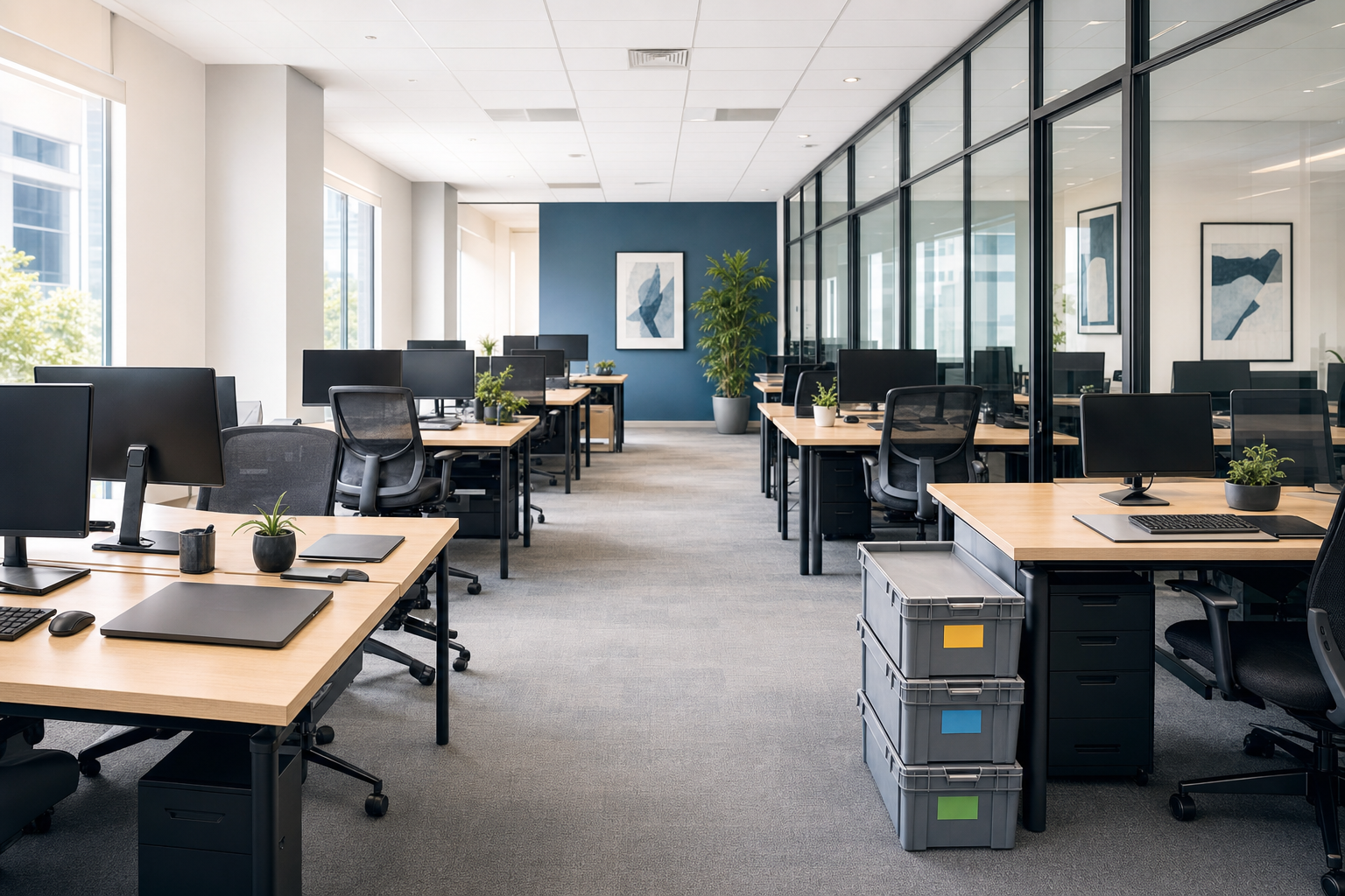 Open-plan office with neatly arranged desks, computers, potted plants, and natural light from large windows.